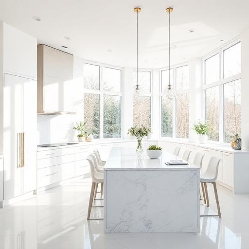 Bright modern kitchen with marble island