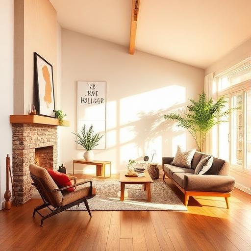 Cozy living room with fireplace and warm light