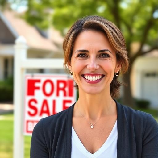 Real estate agent smiling in front of a For Sale sign