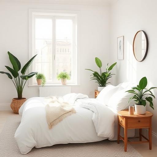 Minimal white bedroom with plants and morning light