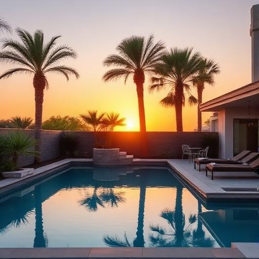 Backyard pool with palm trees at sunset