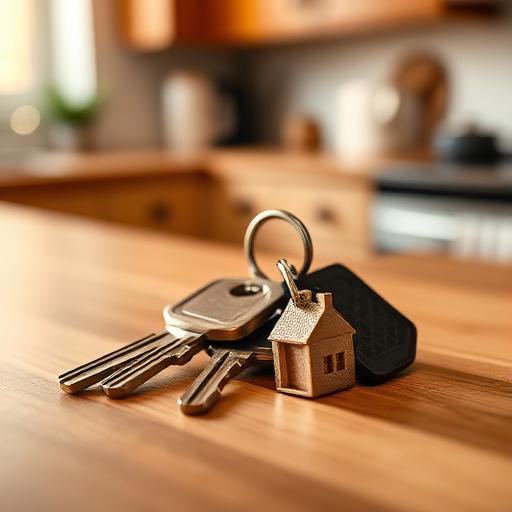 House keys with keychain on a wooden counter